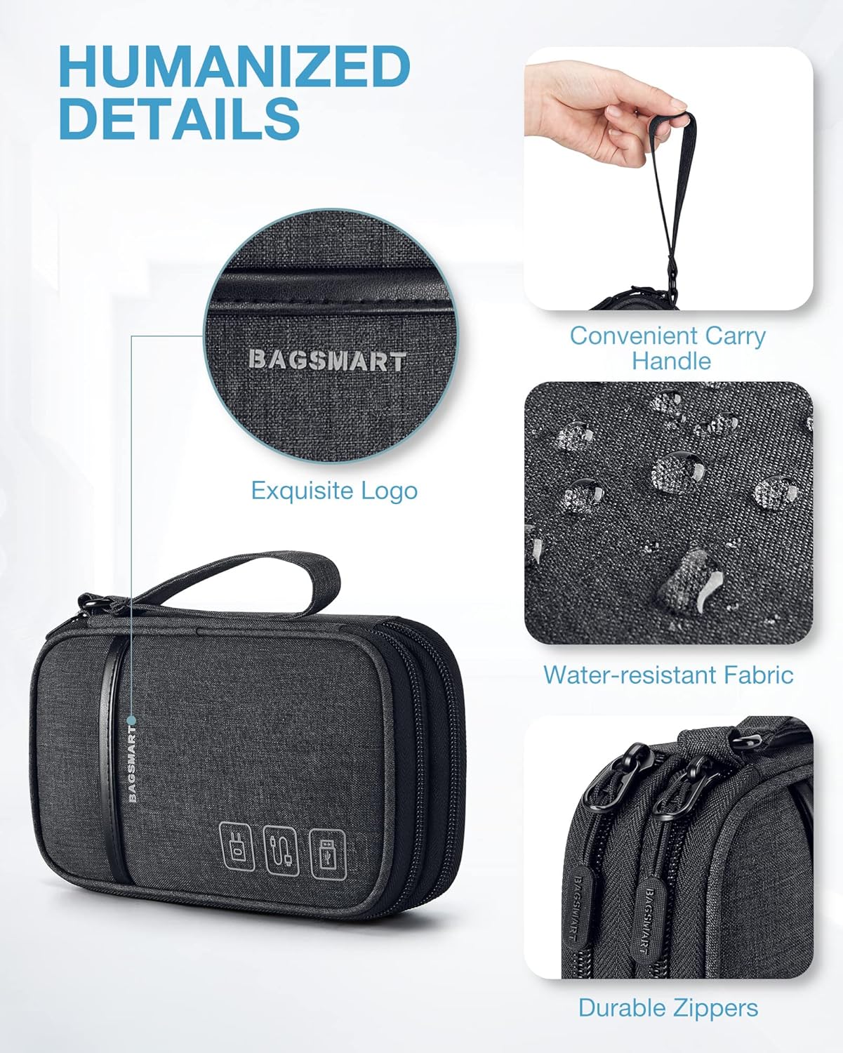 BAGSMART Travel Cable Organizer Case – Double‑Layer, Water‑Resistant, Compact Tech Storage